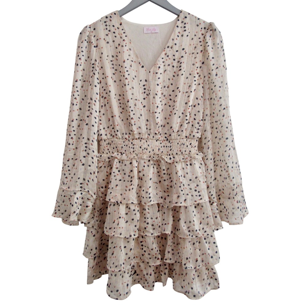 Pink Lily S Chic Ruffle Mini Dress Confetti Print Smocked Boho Romantic Flowy
